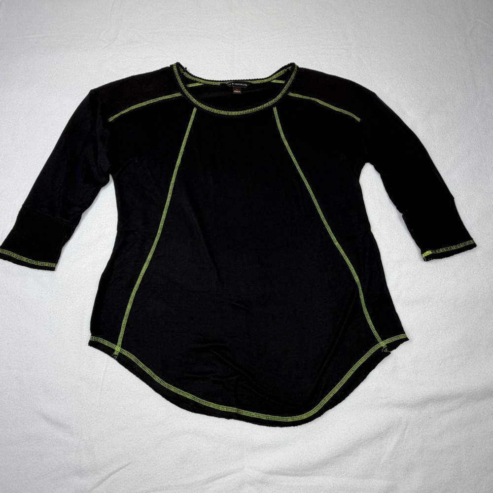 Rock & Republic Womens Black Lime Green Contrast Stitch 3/4 Sleeve Top Medium‎